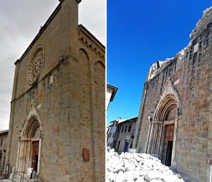 La combo mostra la Chiesa di San Francesco ad Amatrice tratta da Google Street View (sulla sinistra) e la stessa chiesa dopo il forte terremoto di oggi, 24 agosto 2016. ANSA/GOOGLE STREET VIEW-LUCA PROSPERI +++EDITORIAL USE ONLY - NO SALES+++